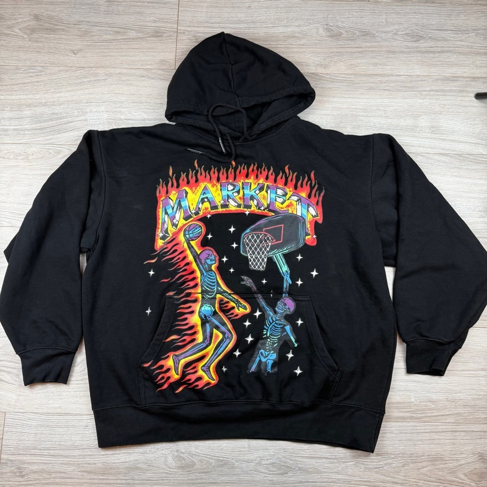 Market‎ Skeleton Basketball Hoodie XL Black Graphic Flame Streetwear Pullover